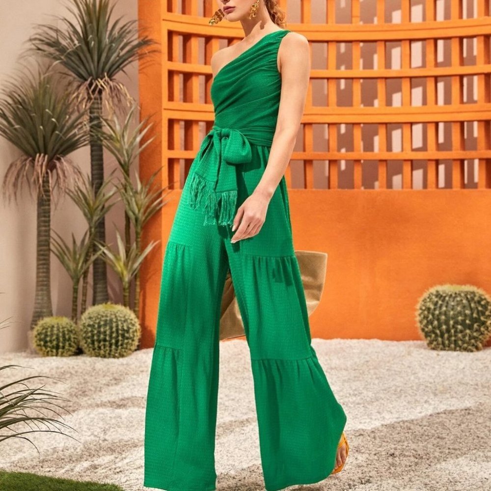 green Preppy Womens One Shoulder Wide Leg Belted Jumpsuit - Picture 1 of 5